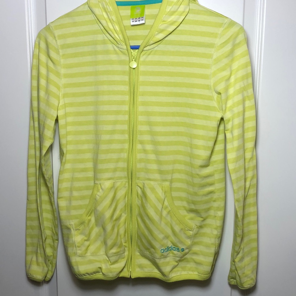 Adidas ladies lightweight zip up hoodie size S. Lime green stripes.